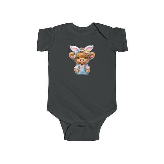 Infant Easter Cow Onesie: A grey bodysuit featuring a cartoon cow in bunny ears. 100% cotton, ribbed knit bindings, and plastic snaps for easy changing access. From Worlds Worst Tees.