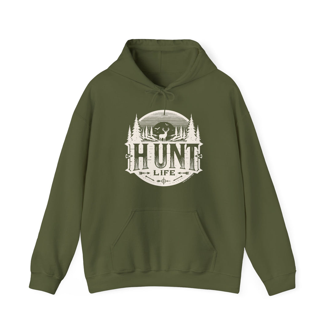 A Hunt Life Hoodie, a green sweatshirt with a logo, in a classic fit. Unisex heavy blend of cotton and polyester, featuring a kangaroo pocket and drawstring hood. Medium-heavy fabric, tear-away label, true to size.