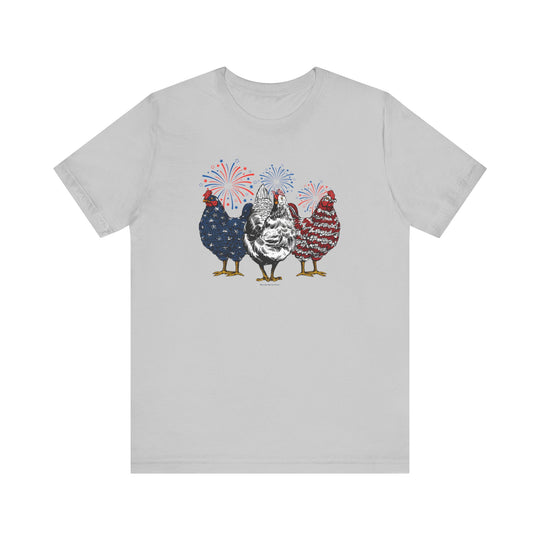 A Chicken 4th Tee featuring a lively design of chickens and fireworks on a soft cotton jersey shirt. Unisex fit with ribbed knit collars, taping on shoulders, and dual side seams for lasting shape.