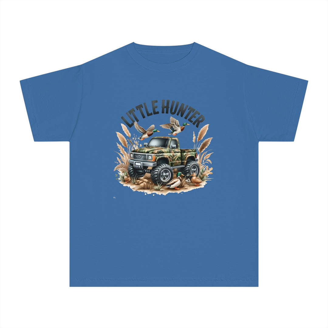 Little Hunter Kids Tee: Blue shirt with truck and ducks design. 100% combed ringspun cotton, soft-washed, and garment-dyed. Ideal for active kids. Classic fit for all-day comfort. Dimensions: XS-L.