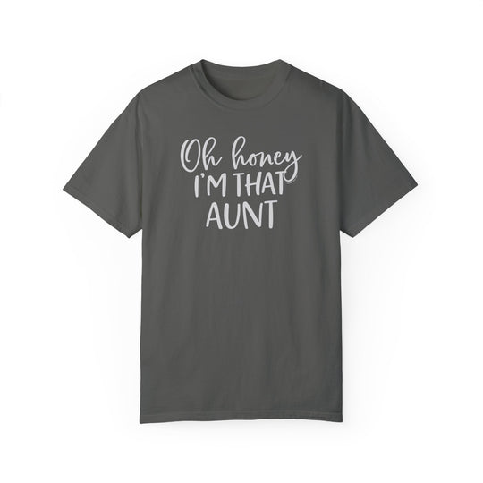 Aunt-themed grey t-shirt with white text. 100% ring-spun cotton, garment-dyed for coziness. Relaxed fit, durable double-needle stitching, tubular shape. From 'Worlds Worst Tees'.
