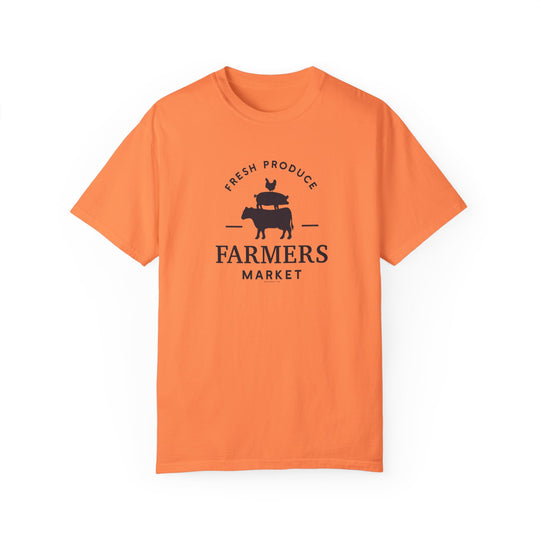 Farmers Market Tee: A cozy, ring-spun cotton t-shirt with a logo. Garment-dyed for extra softness, featuring double-needle stitching for durability and a relaxed fit. Ideal for daily wear.