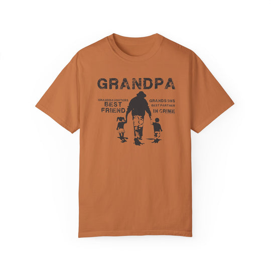 Grandpa and Grandkids Tee: A relaxed-fit, garment-dyed t-shirt featuring a graphic of a man and child holding hands. Made of 100% ring-spun cotton for comfort and durability. Ideal for daily wear.