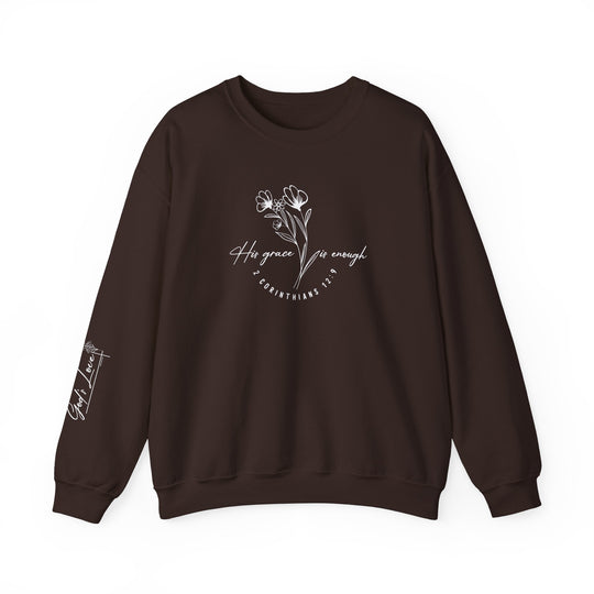 Unisex heavy blend crewneck sweatshirt, His Grace Is Enough Crew, featuring a flower design. Made of 50% cotton and 50% polyester for comfort and durability. Ideal for colder months.