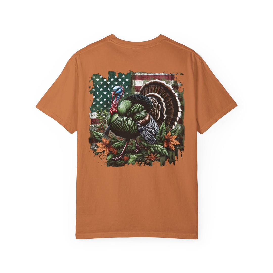 A ring-spun cotton Turkey Hunting Tee in sizes S to 3XL. Garment-dyed for coziness, with double-needle stitching for durability and a relaxed fit. From Worlds Worst Tees.