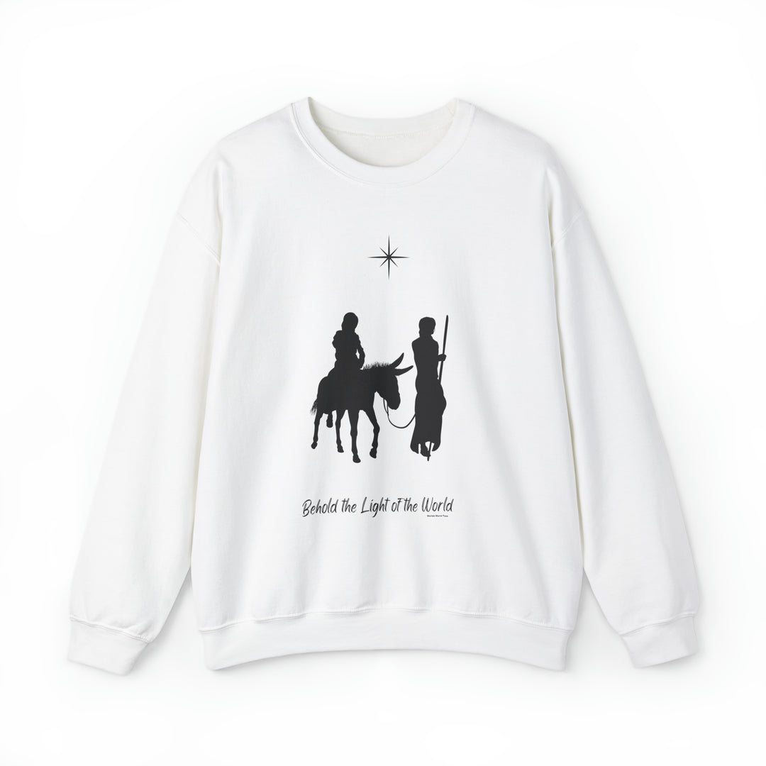 Unisex white crewneck sweatshirt featuring a striking print of two men on horseback. Comfortable blend of polyester and cotton, ribbed knit collar, and no itchy side seams. Ideal for all-day wear.