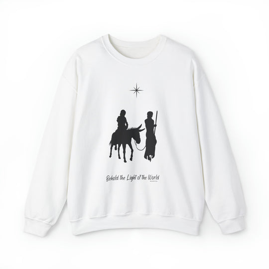 Unisex white crewneck sweatshirt featuring a striking print of two men on horseback. Comfortable blend of polyester and cotton, ribbed knit collar, and no itchy side seams. Ideal for all-day wear.