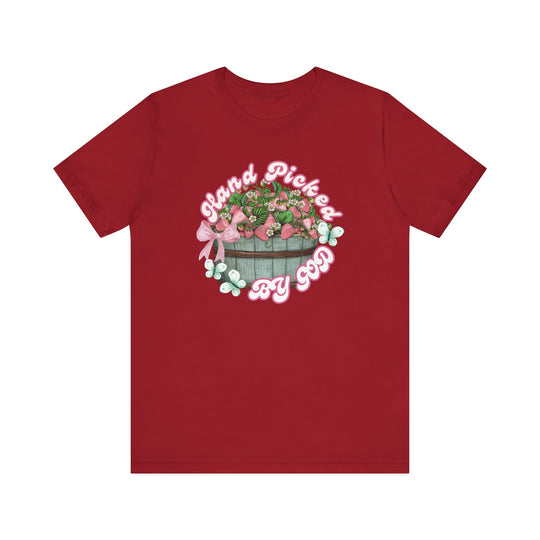 Unisex Hand Picked by GOD tee, classic fit with ribbed knit collar, made from soft cotton for comfort, featuring durable dual side seams for lasting shape.