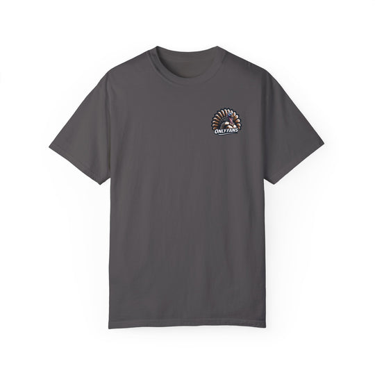 A relaxed fit Only Fans Hunting Tee, grey t-shirt with logo. 100% ring-spun cotton, garment-dyed for coziness. Durable double-needle stitching, no side-seams for tubular shape. Sizes: S-3XL.