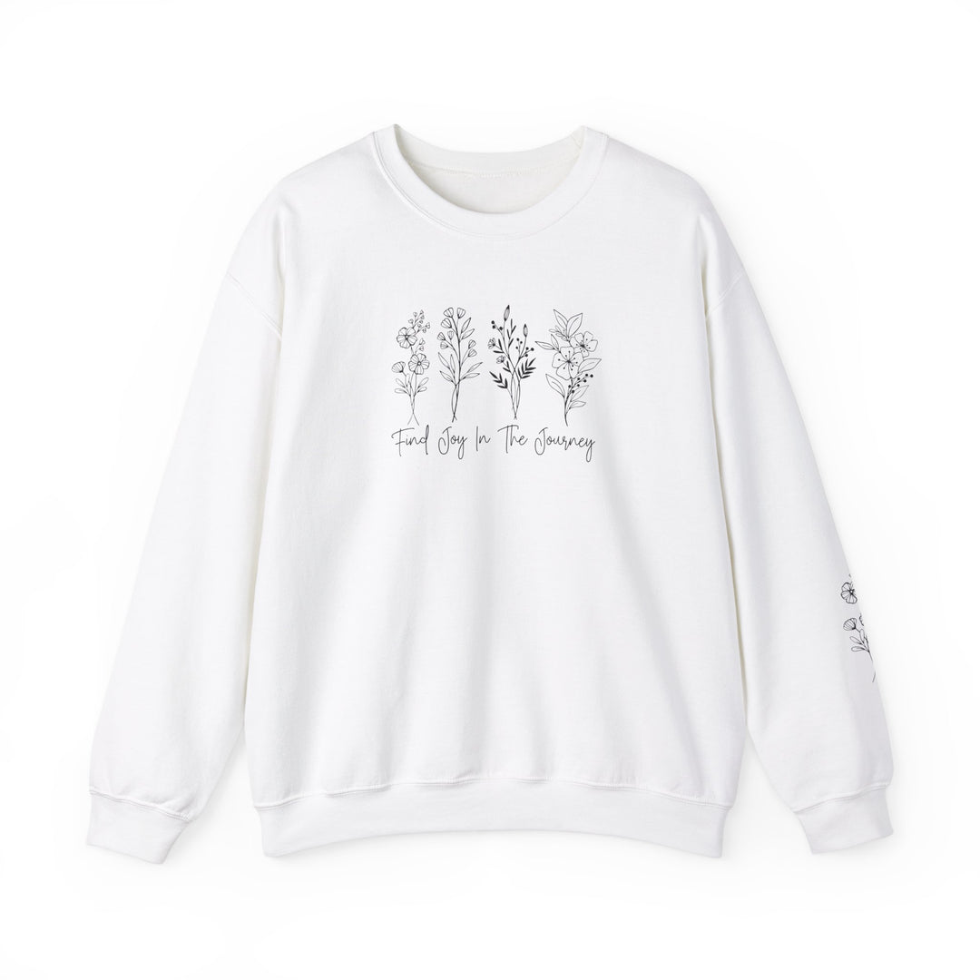 A white crewneck sweatshirt featuring a black design, ideal for comfort in any situation. Made of 50% cotton and 50% polyester, with ribbed knit collar and no itchy side seams. Find Joy in the Journey Crew.