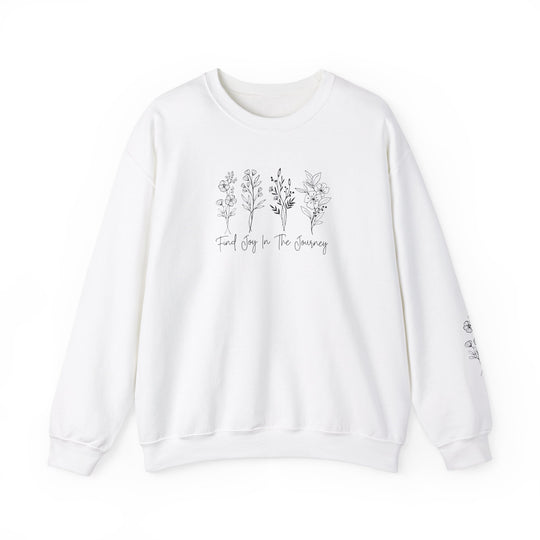 A white crewneck sweatshirt featuring a black design, ideal for comfort in any situation. Made of 50% cotton and 50% polyester, with ribbed knit collar and no itchy side seams. Find Joy in the Journey Crew.