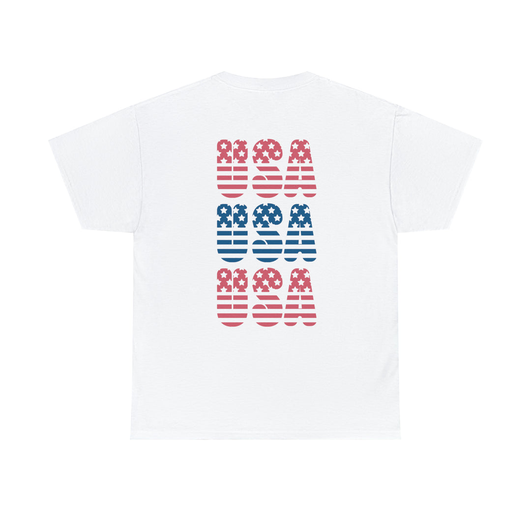 Unisex USA USA USA Tee, a white t-shirt with red and blue stripes, featuring a classic fit and durable construction for casual style. Medium weight fabric, ribbed knit collar, and no side seams for comfort.