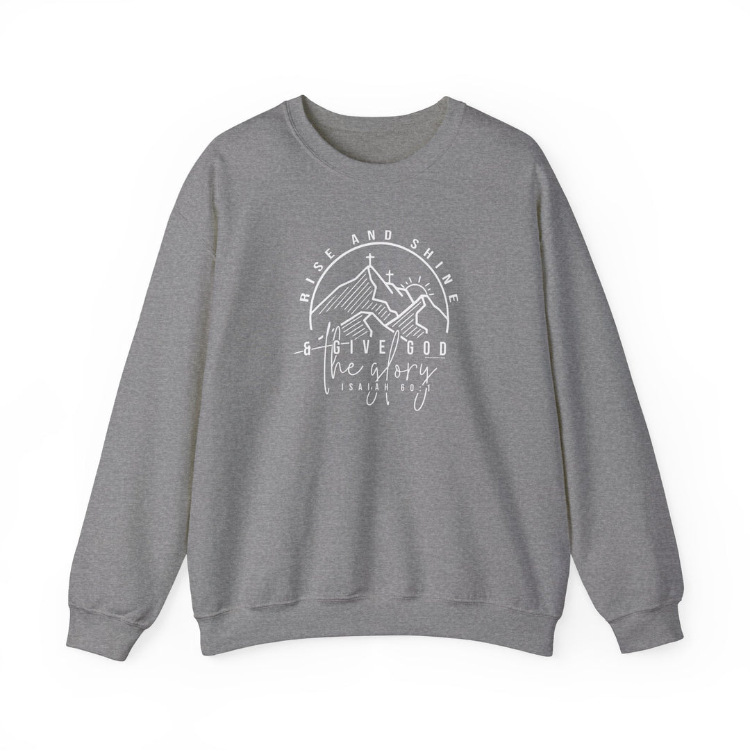 Unisex Rise and Shine Crew sweatshirt in grey with white text. Heavy blend fabric, ribbed knit collar, no itchy seams. Ideal for comfort, loose fit, true to size. From 'Worlds Worst Tees'.