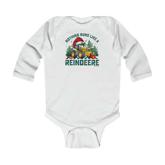 A white baby bodysuit featuring a Santa Claus tractor design, perfect for infants. Made of soft cotton with ribbed bindings for durability. Ideal for easy changing with plastic snaps.