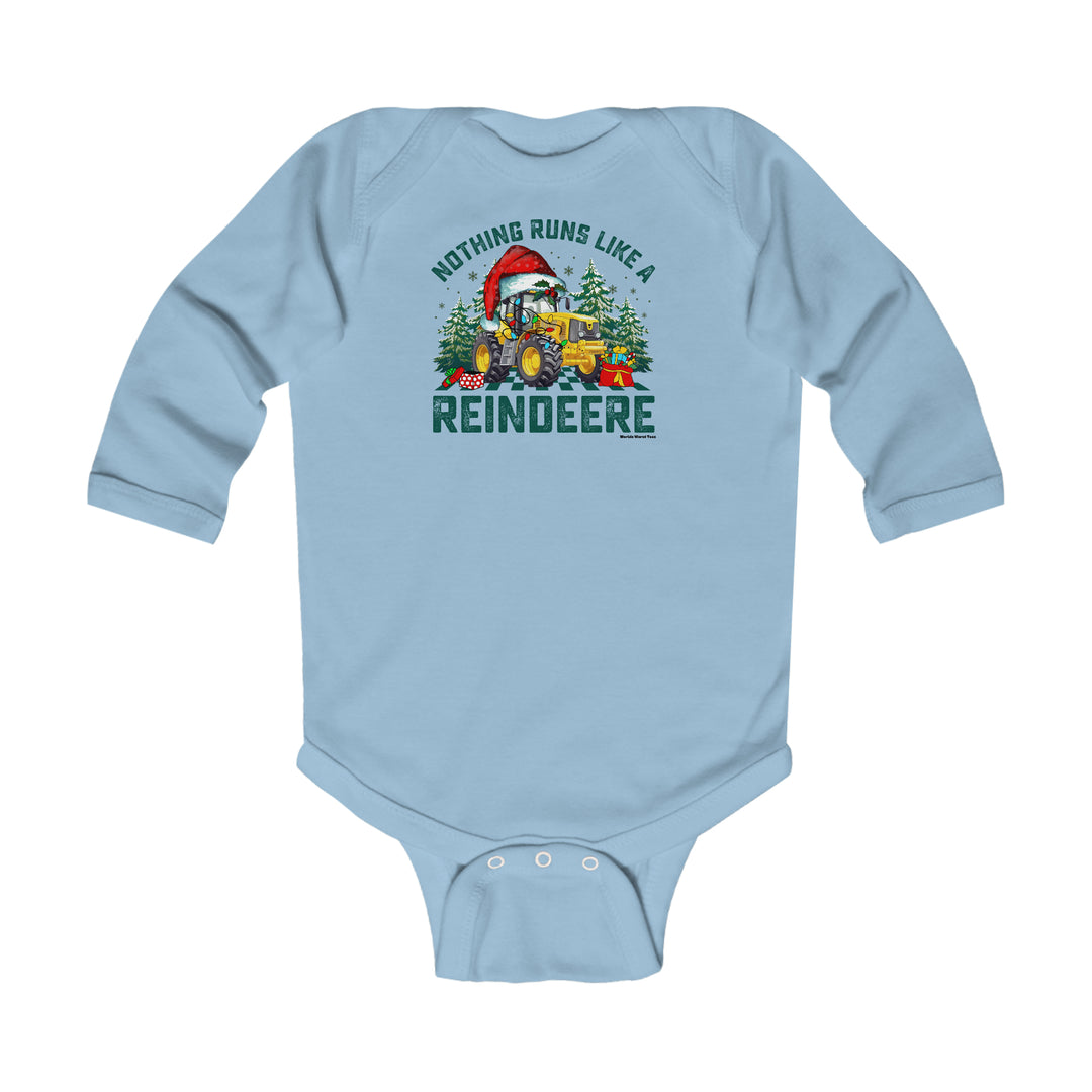 Infant long sleeve bodysuit featuring a tractor and truck graphic, perfect for little adventurers. Made of soft cotton for baby's comfort. Plastic snaps for easy changes. From Worlds Worst Tees.