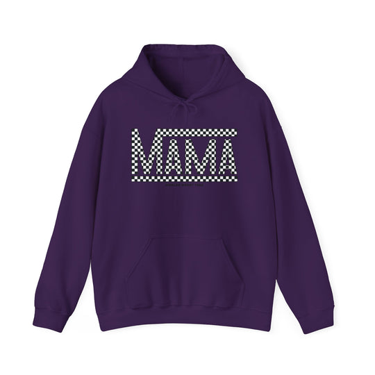 A cozy Vans Mama Hoodie in purple with a white and black checkered pattern. Unisex heavy blend, cotton-polyester fabric, kangaroo pocket, and drawstring hood. Ideal for warmth and comfort.