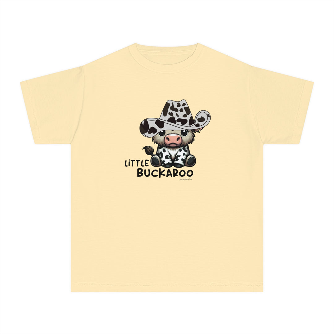 Buckaroo Kids Tee: Yellow t-shirt featuring a cartoon cow in a cowboy hat. Made of 100% combed ringspun cotton, soft-washed, and garment-dyed for comfort and durability. Perfect for active kids.