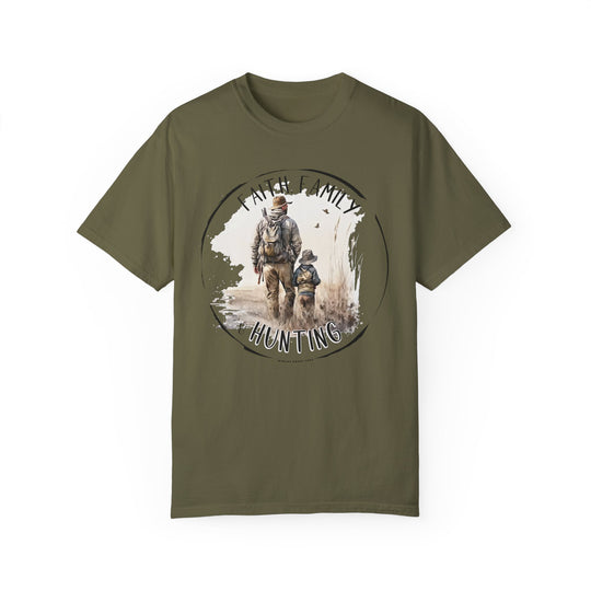 A Faith Family Hunting Tee: A garment-dyed t-shirt featuring a man and child design. 100% ring-spun cotton, relaxed fit, and durable double-needle stitching for everyday comfort and style.