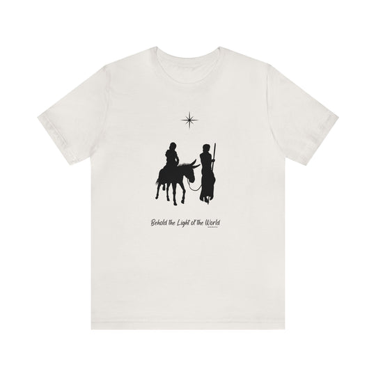 Unisex white tee featuring black silhouettes of riders on horses. A classic jersey shirt with ribbed knit collars and Airlume cotton for comfort. Retail fit, true to size. Sizes XS-5XL.
