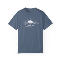 A relaxed fit Spirit Lead Me Tee in blue with white text, featuring a sun and water logo. Made of 100% ring-spun cotton for comfort, with double-needle stitching for durability. From Worlds Worst Tees.
