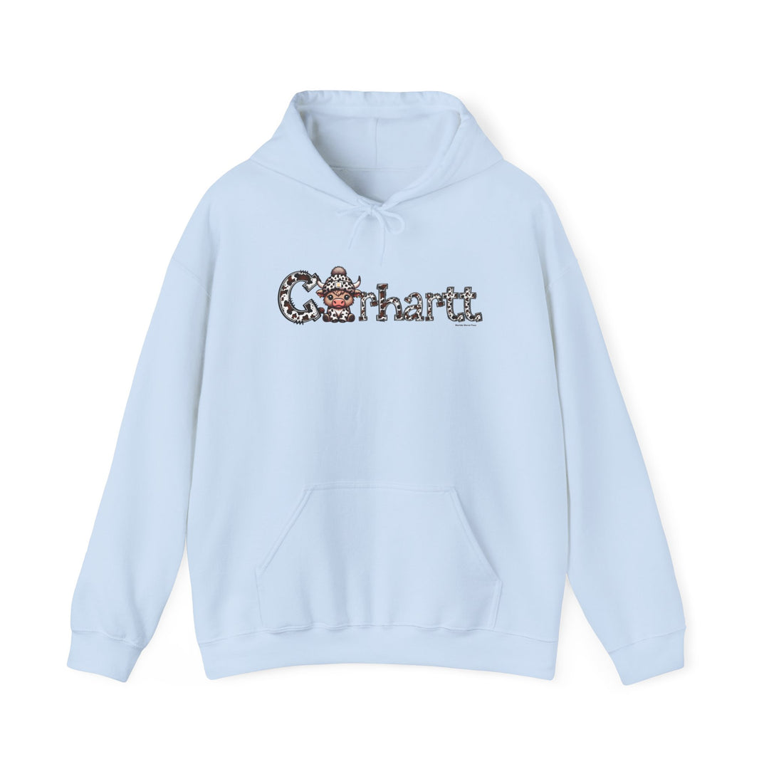 A Cowhartt Cow Hoodie, a light blue sweatshirt featuring a cartoon cow design. Unisex, heavy blend fabric for comfort and warmth, with kangaroo pocket and drawstring hood. Ideal for printing.