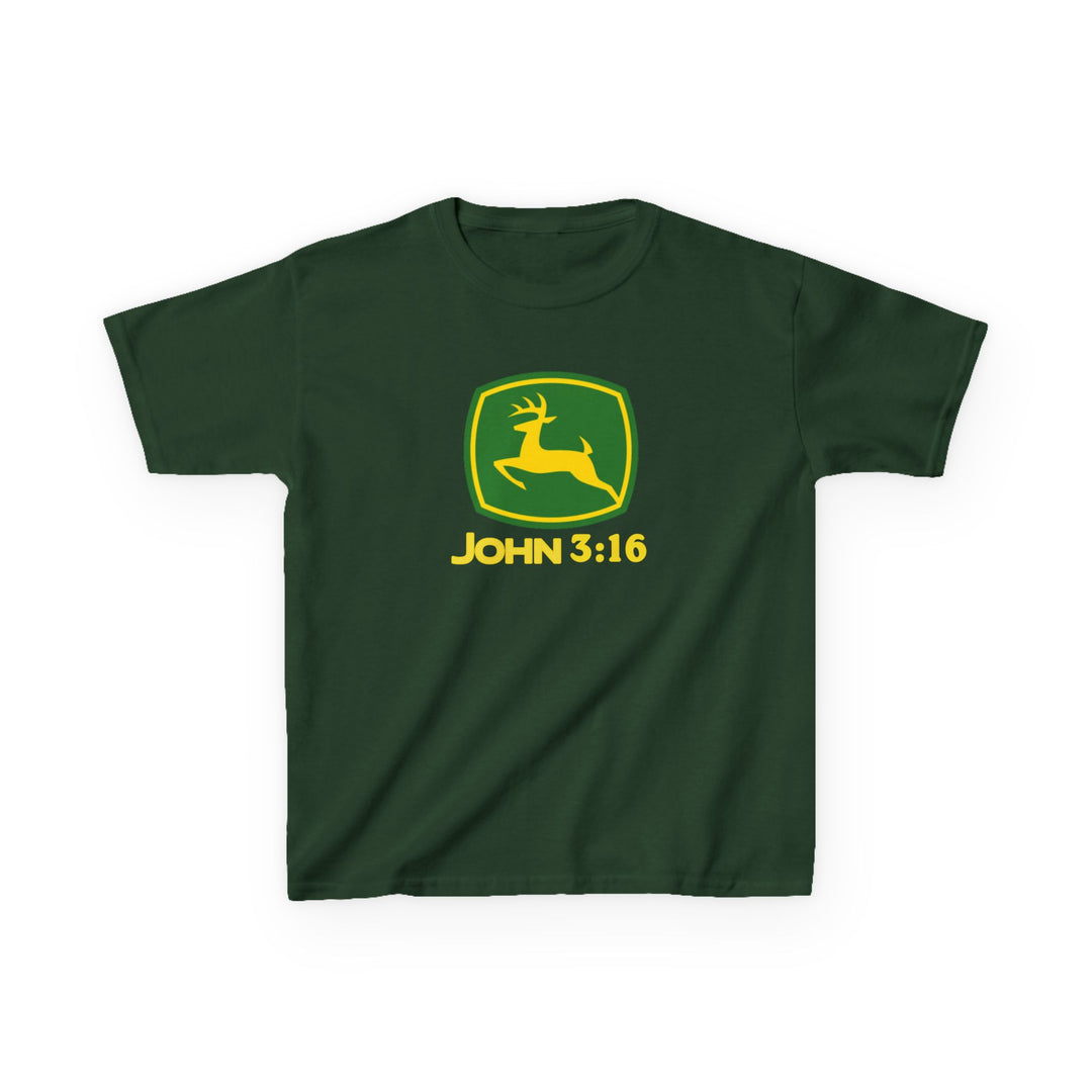 John 3:16 Kids Tee featuring a dark green color with a yellow-and-green shield logo of a leaping deer, inspired by the John Deere emblem.