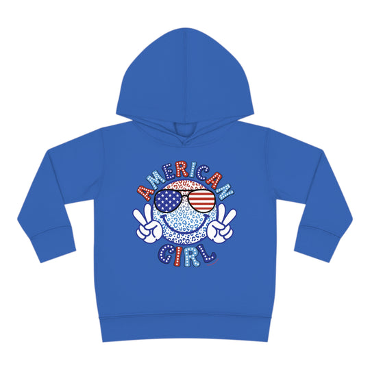 American Girl Toddler Hoodie featuring a smiley face with sunglasses, cartoon character, and peace sign details. Designed for comfort with jersey-lined hood, cover-stitched accents, and side seam pockets.