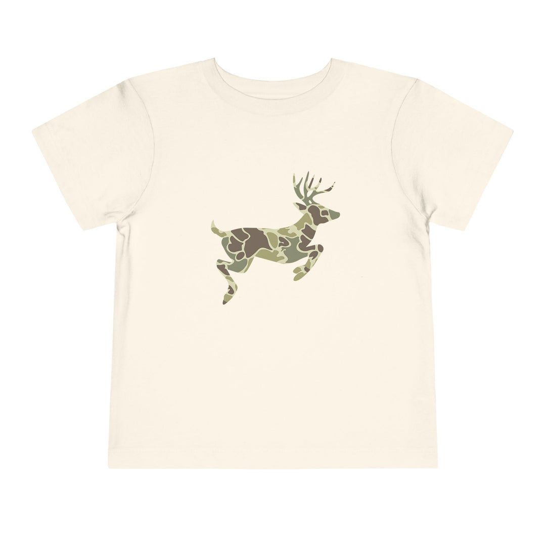 Camo Deer Toddler Tee: Light-cream, short-sleeve T-shirt featuring a leaping deer silhouette in woodland camouflage. Made from 100% Airlume cotton for ultimate comfort.