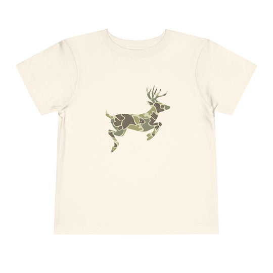 Camo Deer Toddler Tee: Light-cream, short-sleeve T-shirt featuring a leaping deer silhouette in woodland camouflage. Made from 100% Airlume cotton for ultimate comfort.