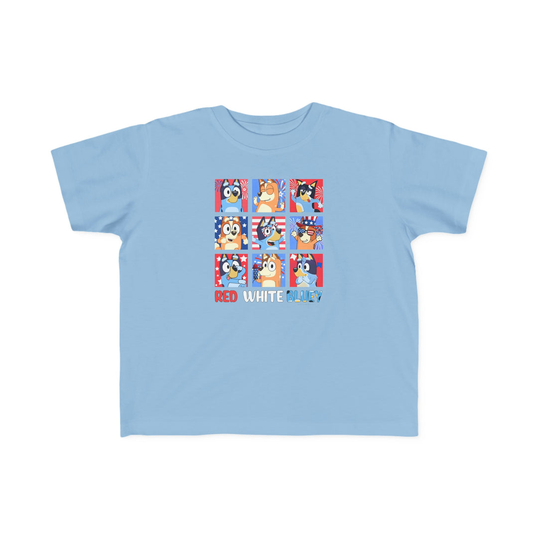 Red White and Bluey Toddler Tee: Blue shirt with cartoon animals - perfect for sensitive skin. 100% combed ringspun cotton, light fabric, tear-away label, classic fit. Sizes: 2T, 3T, 4T, 5-6T.
