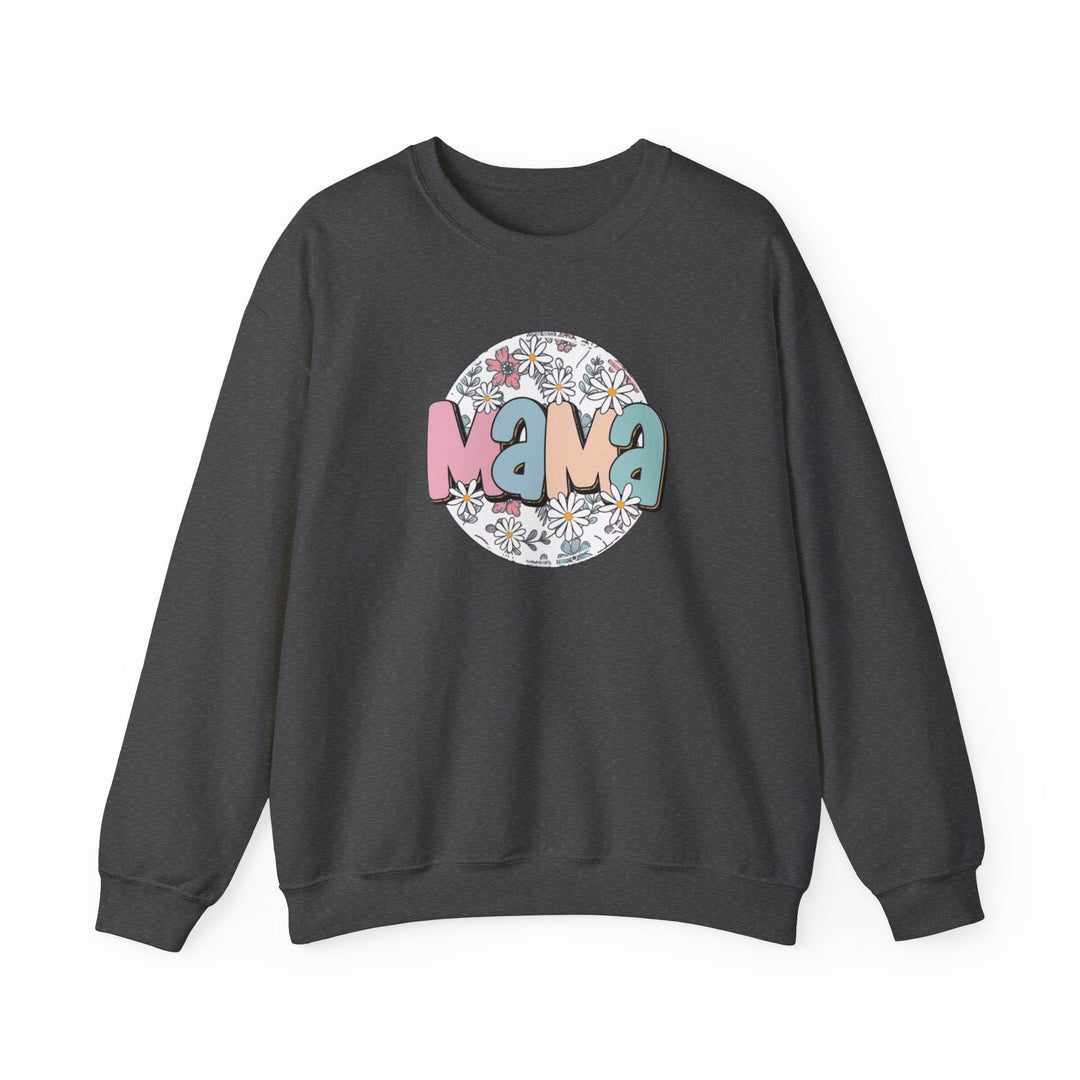 A grey crewneck sweatshirt with a graphic design of flowers, a comfy unisex heavy blend. Features ribbed knit collar, no itchy seams, 50% cotton, 50% polyester, loose fit, medium-heavy fabric. Ideal for all occasions.