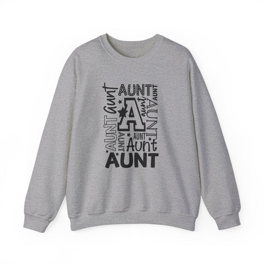 Relaxed fit Aunt Crew sweatshirt in grey with black text. Soft 50% cotton, 50% polyester blend, crew neck, medium-heavy fabric, loose fit. Elevate your style with comfort and cool.