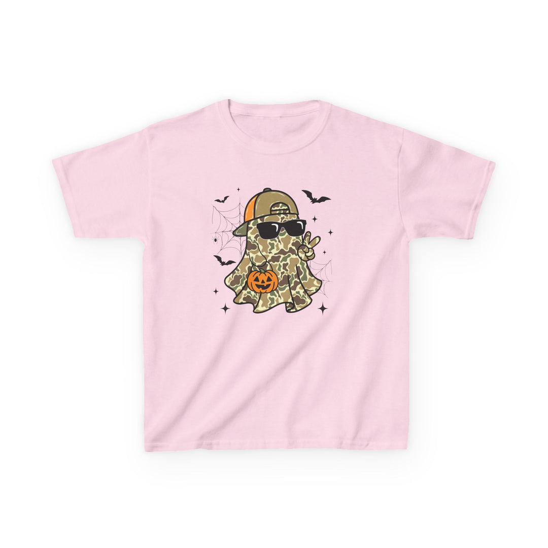 Candy Ghost Kids Tee features a cartoon ghost in camouflage, wearing sunglasses and a cap, with playful Halloween elements like bats and spiderwebs.