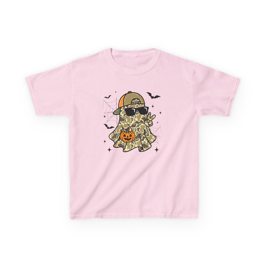 Candy Ghost Kids Tee features a cartoon ghost in camouflage, wearing sunglasses and a cap, with playful Halloween elements like bats and spiderwebs.