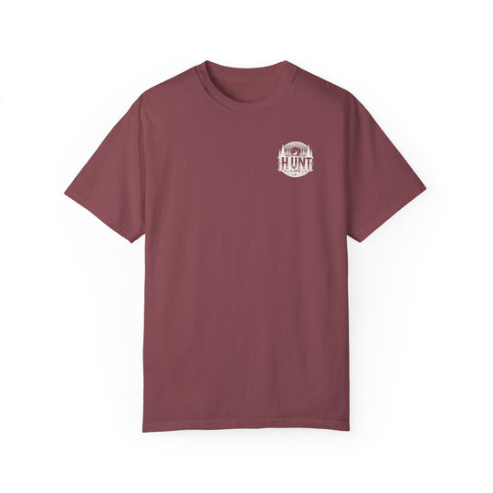 Raise Um Right Tee: Maroon t-shirt with deer and tree logo. 100% ring-spun cotton, garment-dyed for coziness. Relaxed fit, durable double-needle stitching, no side-seams for shape retention. From Worlds Worst Tees.