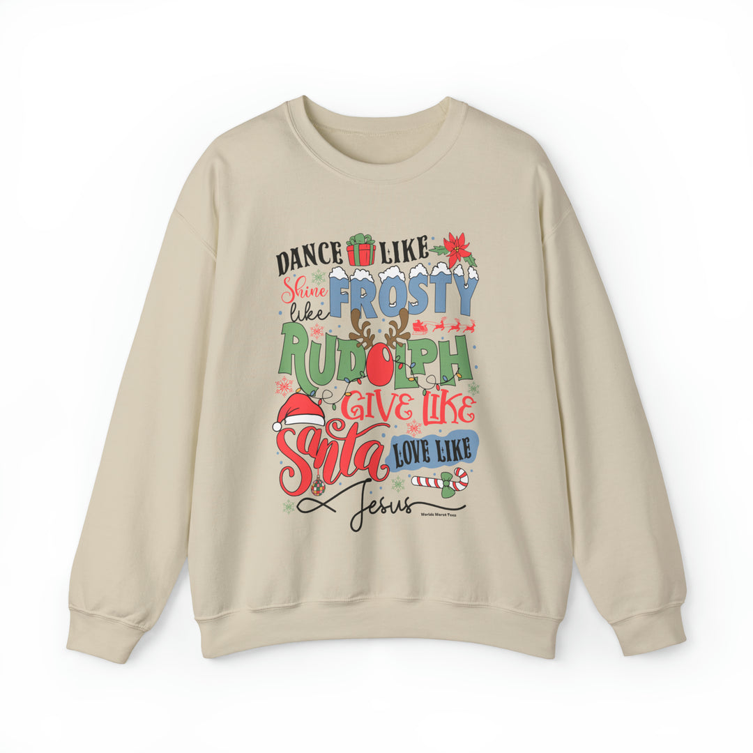 A unisex heavy blend crewneck sweatshirt featuring Frosty Rudolph Santa Jesus Crew design. Comfortable, medium-heavy fabric with ribbed knit collar and no itchy side seams. Sizes S-5XL. Sewn-in label.