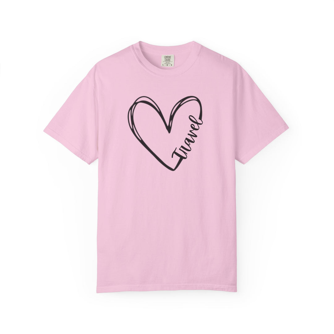 Light pink Travel Tee with a hand-drawn heart outline and the word Travel, offering a cozy fit and durable Comfort Colors design.