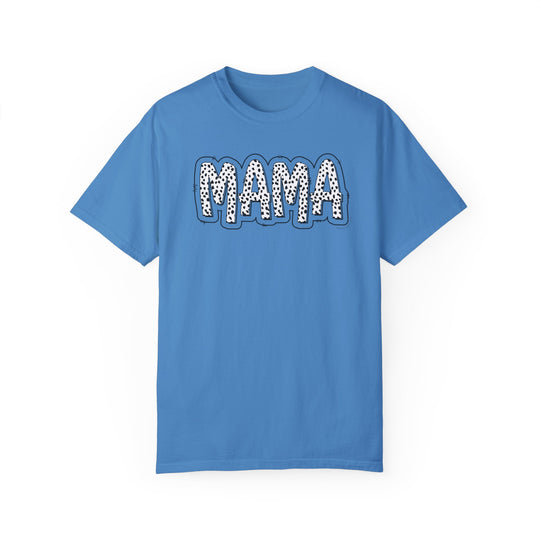 A relaxed fit Mama Print Tee in blue with white text. 100% ring-spun cotton, garment-dyed for coziness. Double-needle stitching for durability, no side-seams for a tubular shape. Medium weight.