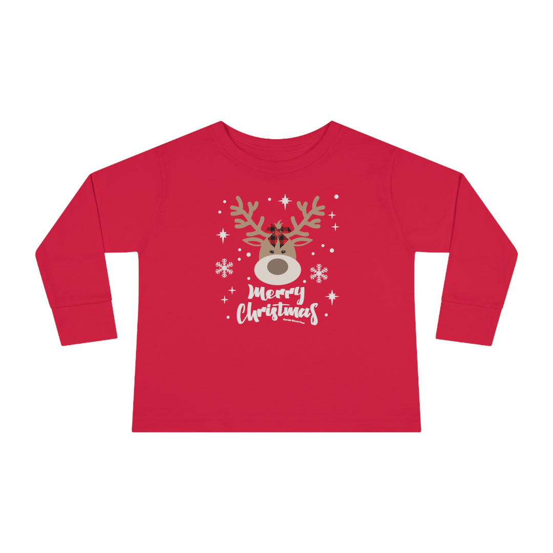 Toddler long-sleeve tee featuring a girly Christmas deer design. Made of 100% cotton, with ribbed collar and EasyTear™ label for comfort and durability. Ideal for the youngest trendsetters.