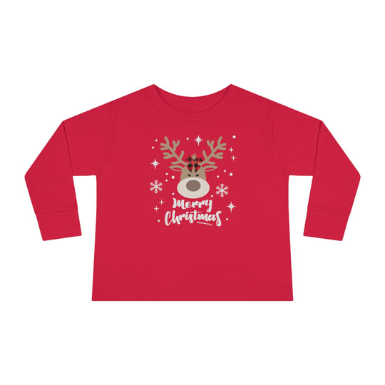 Toddler long-sleeve tee featuring a girly Christmas deer design. Made of 100% cotton, with ribbed collar and EasyTear™ label for comfort and durability. Ideal for the youngest trendsetters.