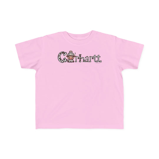 Cowhartt Cow Toddler Tee featuring a cartoon cow with a hat, perfect for sensitive skin. 100% combed ringspun cotton, light fabric, tear-away label, classic fit. Sizes: 2T, 3T, 4T, 5-6T.