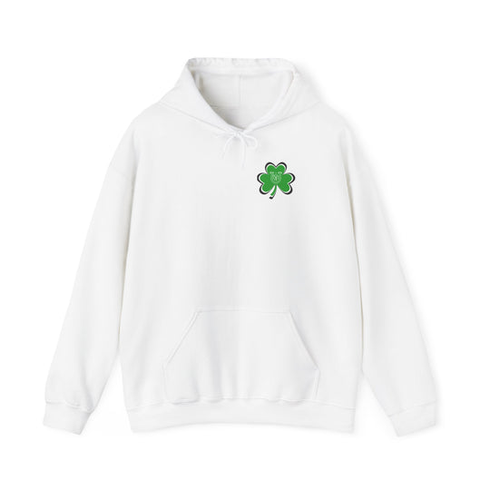 A white hooded sweatshirt featuring a green clover design, ideal for chilly days. Unisex, made of cotton and polyester blend for comfort. Includes a kangaroo pocket and matching drawstring hood. From Worlds Worst Tees.