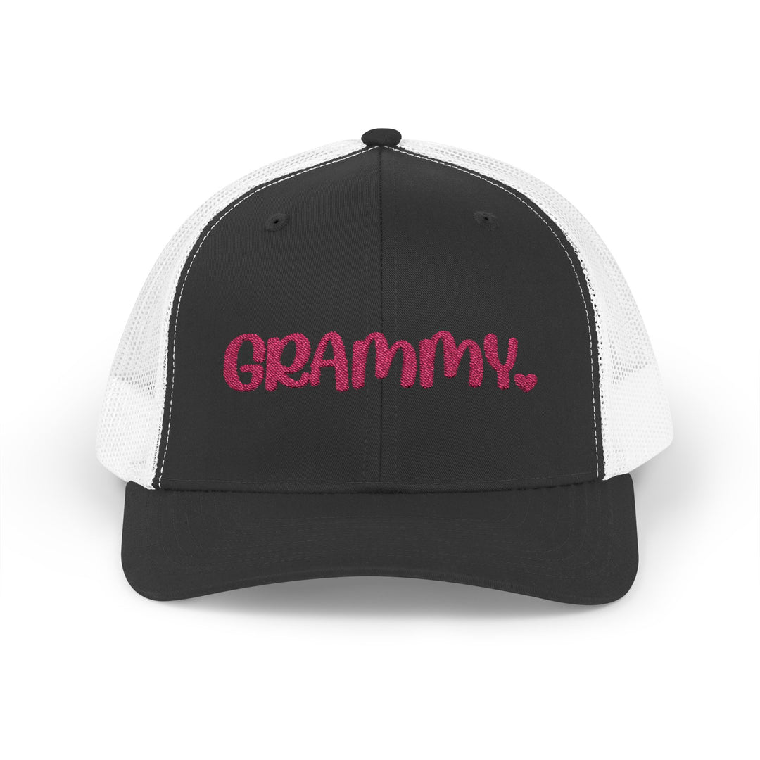 Grammy Snapback Trucker Cap with a 6-panel design, mid-profile fit, and adjustable snap closure, featuring a pre-curved visor and breathable mesh back.