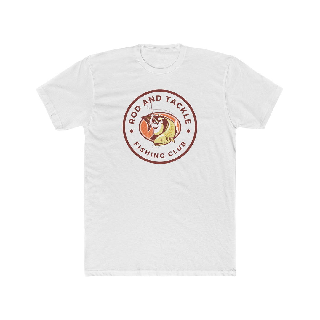 Rod and Tackle Fishing Club Tee: A white t-shirt featuring a fishing club logo. Comfy, light, premium fit made of 100% cotton. Ideal for workouts and daily wear.