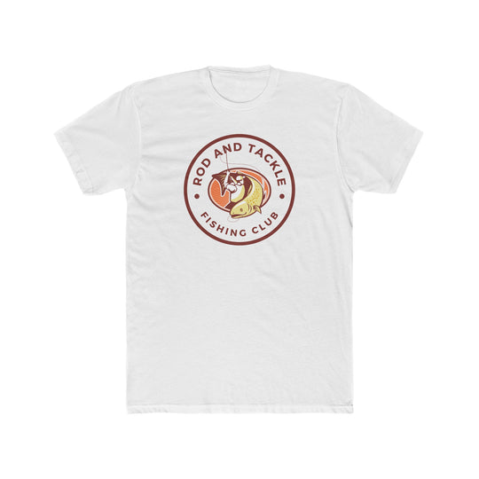 Rod and Tackle Fishing Club Tee: A white t-shirt featuring a fishing club logo. Comfy, light, premium fit made of 100% cotton. Ideal for workouts and daily wear.
