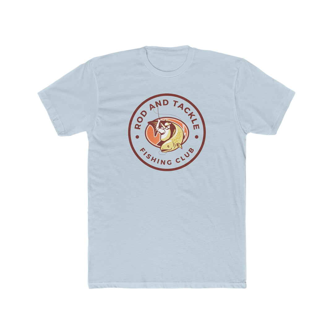 Rod and Tackle Fishing Club Tee: Men's white t-shirt with fishing club logo. Comfy, light, premium fit, 100% cotton. Ideal for workouts or daily wear.