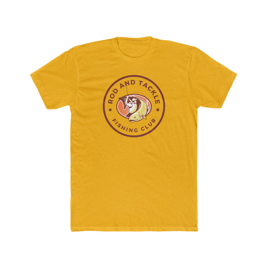 Rod and Tackle Fishing Club Tee: A yellow t-shirt featuring a fishing club logo. Comfy, light, premium fit, 100% cotton. Perfect for workouts or daily wear.