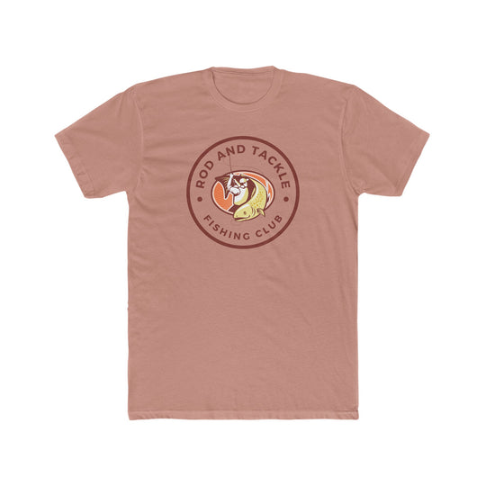 Rod and Tackle Fishing Club Tee: A pink t-shirt with a logo of a fishing club. Premium fit, 100% combed cotton, light fabric. Ideal for workouts or daily wear.