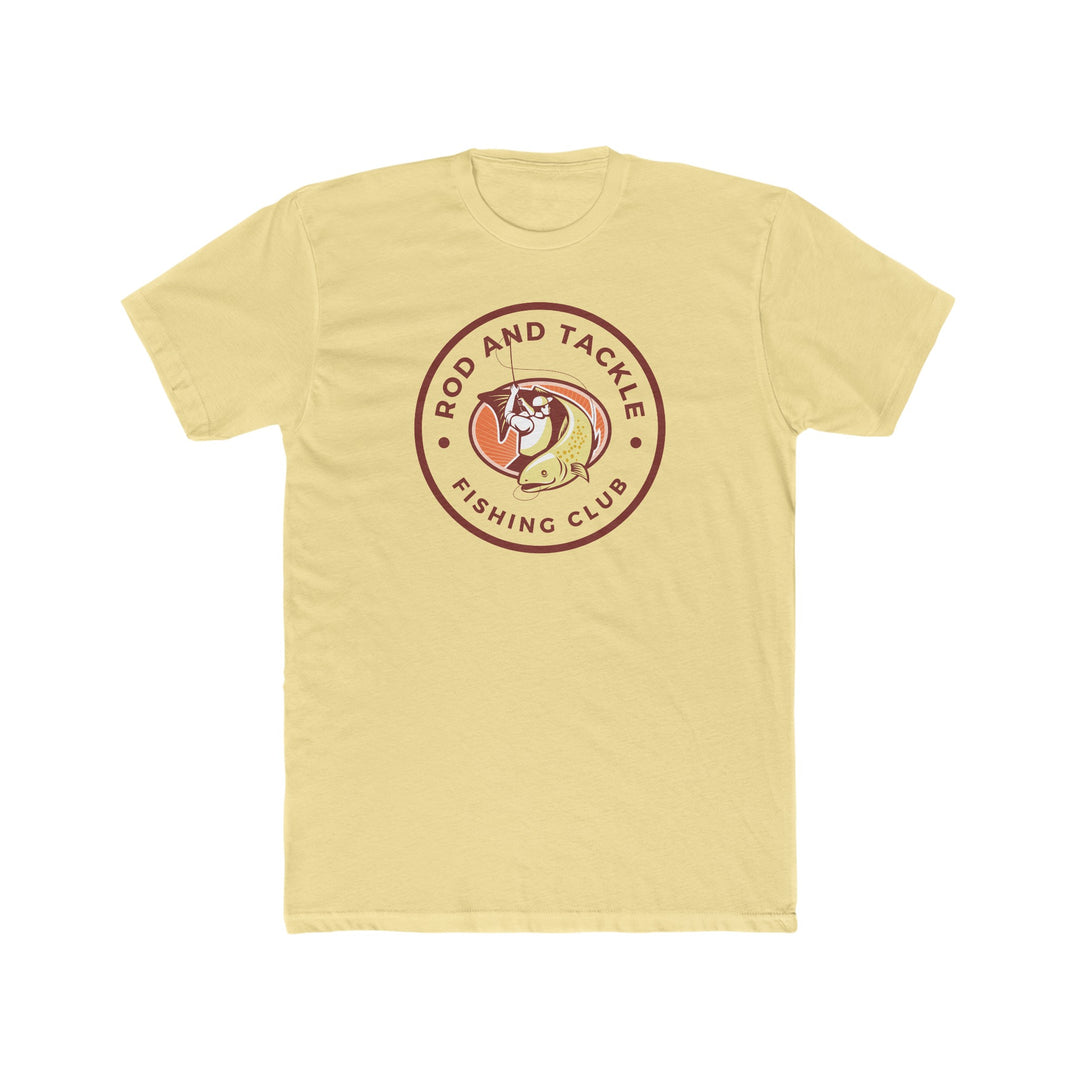 Rod and Tackle Fishing Club Tee: A yellow t-shirt featuring a fishing club logo. Premium fit, 100% cotton, light fabric. Perfect for workouts or daily wear.