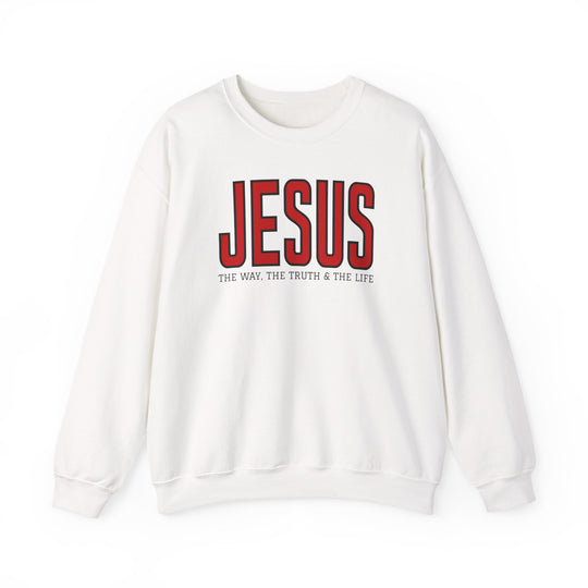 Unisex crewneck sweatshirt with JESUS in red block letters, THE WAY, THE TRUTH & THE LIFE below. Cozy, durable, ethically made.